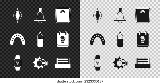 Set Punching bag, Boxing bell, Bathroom scales, Smart watch with heart, boxing glove, ring, Mouth guard boxer and  icon. Vector