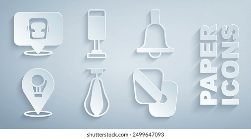 Set Punching bag, Boxing bell, glove, training paws,  and helmet icon. Vector
