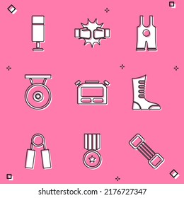 Set Punching bag, boxing gloves, Wrestling singlet, Gong, Stopwatch, Sport shoes, expander and Medal icon. Vector