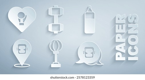 Set Punching bag, Boxing helmet, Dumbbell and glove icon. Vector