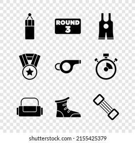 Set Punching bag, Boxing ring board, Wrestling singlet, Sport, boxing shoes, Chest expander, Medal and Whistle icon. Vector