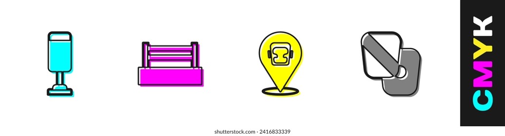 Set Punching bag, Boxing ring, helmet and training paws icon. Vector