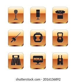 Set Punching bag, Boxing short, Fight club MMA, helmet, Fencing, T-shirt with fight, Wrestling singlet and  icon. Vector