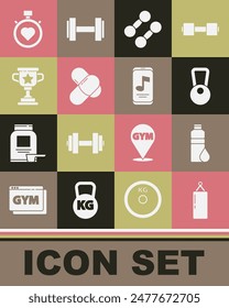 Set Punching bag, Fitness shaker, Kettlebell, Dumbbell, Sports nutrition, Award cup, Heart the center stopwatch and Music player icon. Vector