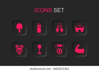Set Punching bag, Fitness shaker, Racket, Medal, Stadium, Bodybuilder showing his muscles, Sport expander and Stopwatch icon. Vector