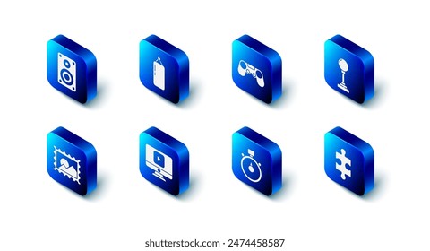 Set Punching bag, Gamepad, Joystick for arcade machine, Piece of puzzle, Stopwatch, Online play video, Postal stamp and Stereo speaker icon. Vector