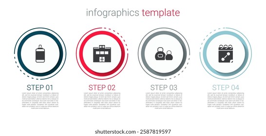 Set Punching bag, Gym building, Kettlebell and Calendar fitness. Business infographic template. Vector