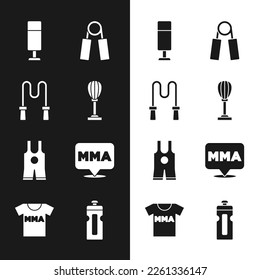 Set Punching bag, Jump rope, Sport expander, Wrestling singlet, Fight club MMA, Fitness shaker and T-shirt with fight icon. Vector