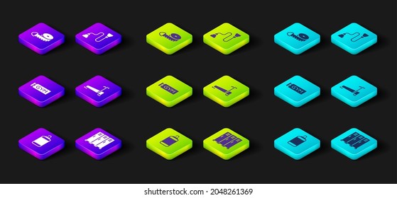 Ajuste bolsa de punzonado, armario o vestuario, gimnasio de ubicación, máquina de molino, expansor de pecho e icono de medida de cinta. Vector