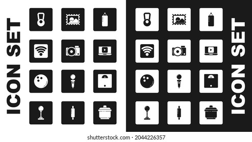 Set Punching bag, Photo camera, Wi-Fi wireless internet network, Kettlebell, Online play video, Postal stamp, Bathroom scales and Bowling ball icon. Vector
