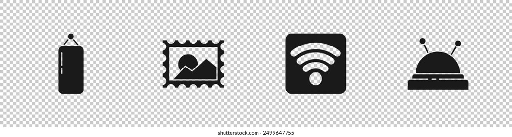 Set Stanzbeutel, Poststempel, Wi-Fi-WLAN-Internet-Netzwerk und Nadelbett und Nadeln Symbol. Vektorgrafik