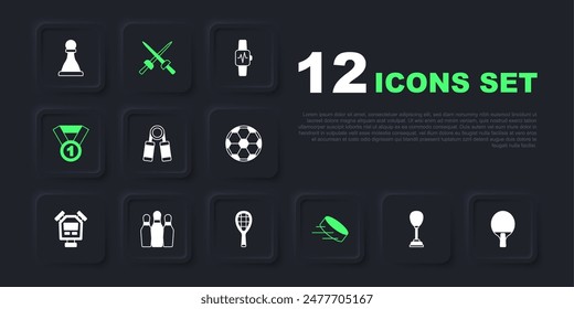 Set Punching bag, Racket, Sport expander, Hockey puck, Medal, Bowling pin, Fencing and Tennis racket icon. Vector