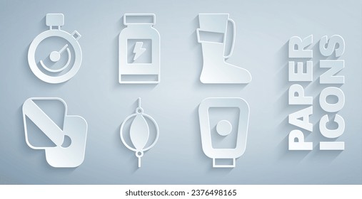 Set Punching bag, Sport boxing shoes, Boxing training paws, Energy drink and Stopwatch icon. Vector