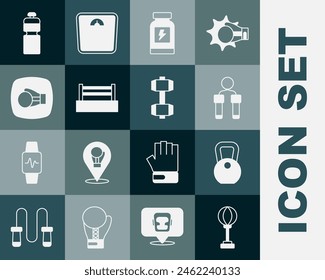 Set Punching bag, Weight, Jump rope, Energy drink, Boxing ring, glove, Fitness shaker and Dumbbell icon. Vector