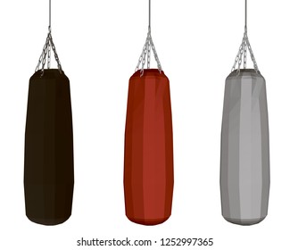 Set with punching bags in black, red and white. Polygonal models of punching bags. Vector illustration.