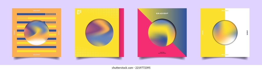 Set of punchy geometric style liquid gradient Abstract Artworks. Colorful layouts in Banana Yellow, Pinkish red, pale orange, and blue. Vector Illustration. For designs, covers, posters, cards.