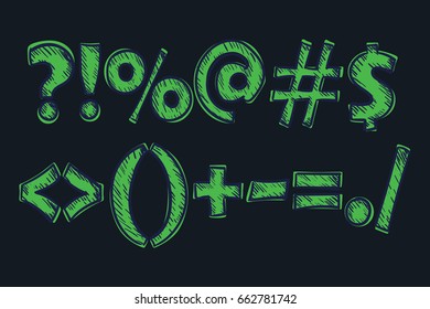 Set of punctuation marks. Alphabet & number. Doodle style.
