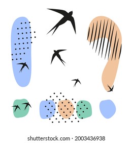 Set of punctuation marks, exclamation mark, question mark. Signs are hand drawn, spots, dots, lines in natural style. Flock of swallows is flying. Vector illustration.