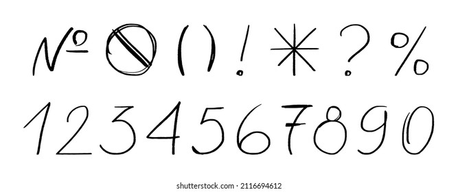 A set of punctuation marks and numbers. Prohibition sign, brackets and question mark with exclamation point. Punctuation symbols. Writing doodle elements isolated on white background.