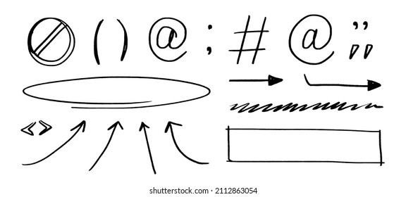 Conjunto de signos de puntuación. Firma de prohibición, corchetes, comillas. Símbolos de puntero. Flechas, elipse y rectángulo. Elementos de doodle que dejan pasar aislados sobre fondo blanco.