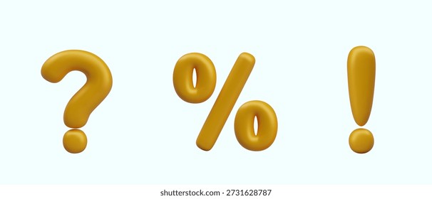 Satz von Zeichensetzung und Mathematik-Symbolen im 3D-Stil. Fragezeichen, Ausrufezeichen, Prozent. Isolierte Vorlagen für kommerzielle Konzepte, Werbung, Finanzangebote
