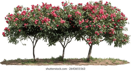 Conjunto de árvores de rua florescendo Punica granatum, ilustração vetorial, isolado no recorte, verde urbano, paisagismo botânico, árvores decíduas, coleção de árvores, vegetação da cidade.