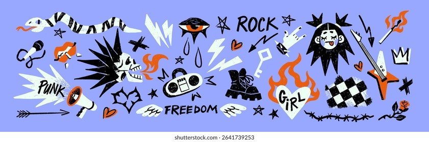 Set of punk graffiti sketches. Doodle grunge tattoos. Scribble grafitti of skull, eyes, guitar, heart, flower, flame, rock music. Hand drawn design elements. Drawing isolated vector illustrations