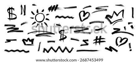 Set of punk inspired graffiti design. Collection of black features squiggles charcoal strokes, crown, heart and sun comic style drawings playful kid like drawn elements. Vector monochrome illustration