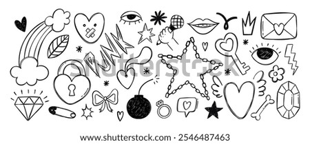 Set of punk and rock elements for girl in hand drawn style with pencil texture. Cartoon vector illustration with heart, lock, eye and bomb.