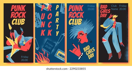 Set of punk rock party banner templates. Bad girls day. Vector illustrations with characters in flat style