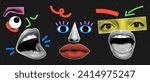 A set of punk style collage elements made from face parts. Eyes, nose, lips in halftone processing with doodle elements. Surreal retro collage.