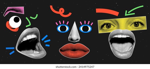 Eine Reihe von Punk-Stil Collage Elemente aus Gesichtsteilen. Augen, Nase, Lippen in der Halftonverarbeitung mit Doodle-Elementen. Surreal Retro Collage.