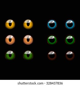 Set pupil of the eye, eyeball, iris eyes. Realistic vector illustration, isolated on a black background.