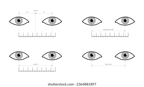 Set of Pupillary distance measurement template Eye frame glasses fashion accessory medical illustration. Optical center Sunglass front view silhouette, flat eyeglasses with lens sketch style outline 