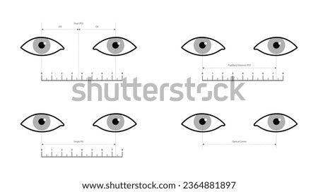 Set of Pupillary distance measurement template Eye frame glasses fashion accessory medical illustration. Optical center Sunglass front view silhouette, flat eyeglasses with lens sketch style outline 