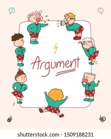 Set of pupils, children and primary students arguing. Girls and boys in argument. Cute little characters. Illustration in cartoon style.