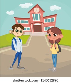 set of pupils on the background of school, vector