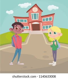 set of pupils on the background of school, vector