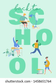 Set of pupils, school children, students going to school, college, university. Sitting school girl and school boy, student with books. Science and education print concept poster. Vector illustration
