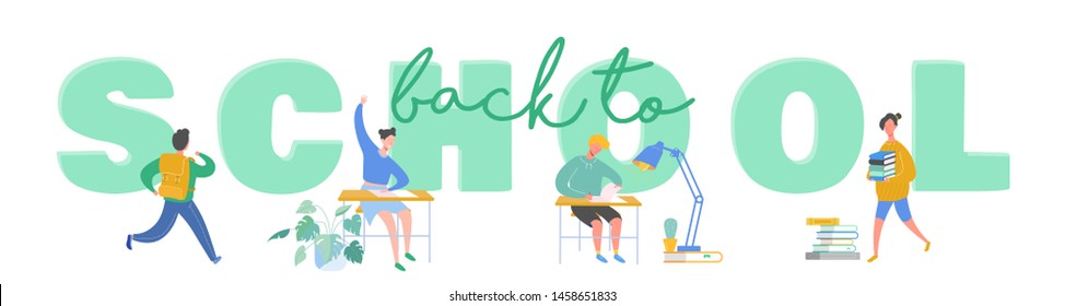 Set of pupils, school children, students going to school, college, university. Sitting school girl and school boy, student with books. Science and education print concept poster. Vector illustration