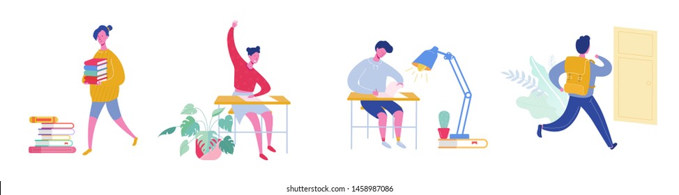 Set  Of Pupils, School Children And Students Going To School, College Or University. Sitting School Girl And School Boy, Student With Books. Science And Education Concept. Vector Illustration