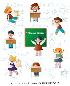 Conjunto de alumnos que estudian en la escuela aislados sobre el fondo del papel portátil. A los pegatinas coloridas con niños les encanta la educación. Gradilla de lección matemática. Personajes de niños de preescolar son protagonistas. Ilustración del vector