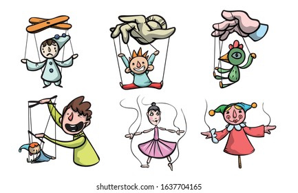 Set of puppets, marionettes and puppet masters vector illustration