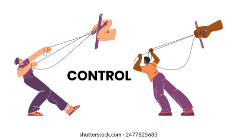 Eine Reihe von Puppen, die außer Kontrolle geraten, Vektorgrafik Design. Das Bild demonstriert den Wunsch der Männer nach Unabhängigkeit von Manipulation. Geeignet für den Einsatz in freiheitsbezogenen Materialien.