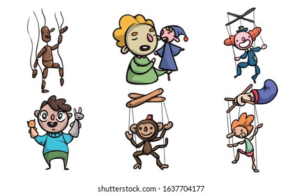 Set of puppets, wooden marionettes and puppet masters vector illustration