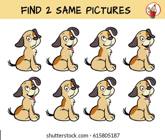 Set of puppies. Find two same pictures. Educational game for children. Cartoon vector illustration