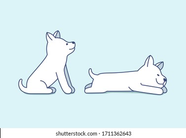 Set of the puppies of Siberian Husky sitting (waiting) and sleeping (lying). Cute small dogs on light blue pastel background.