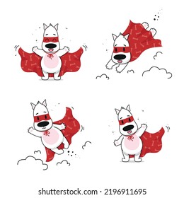 Set with puppies superhero. Funny dog in hero clothes. Vector illustration for designs, prints and patterns. Isolated on white background. Postcard in children's cartoon style.