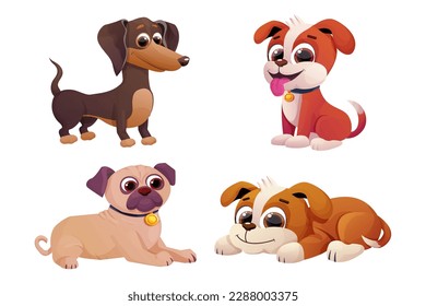 Set Puppy cute dog child, pets with adorable tail in comic cartoon style isolated on white background. Collection Emotional characters