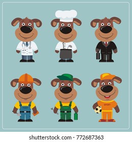 Set of puppy dog in different costumes: builder, sportsman, worker, doctor, manager, cook in cartoon style.